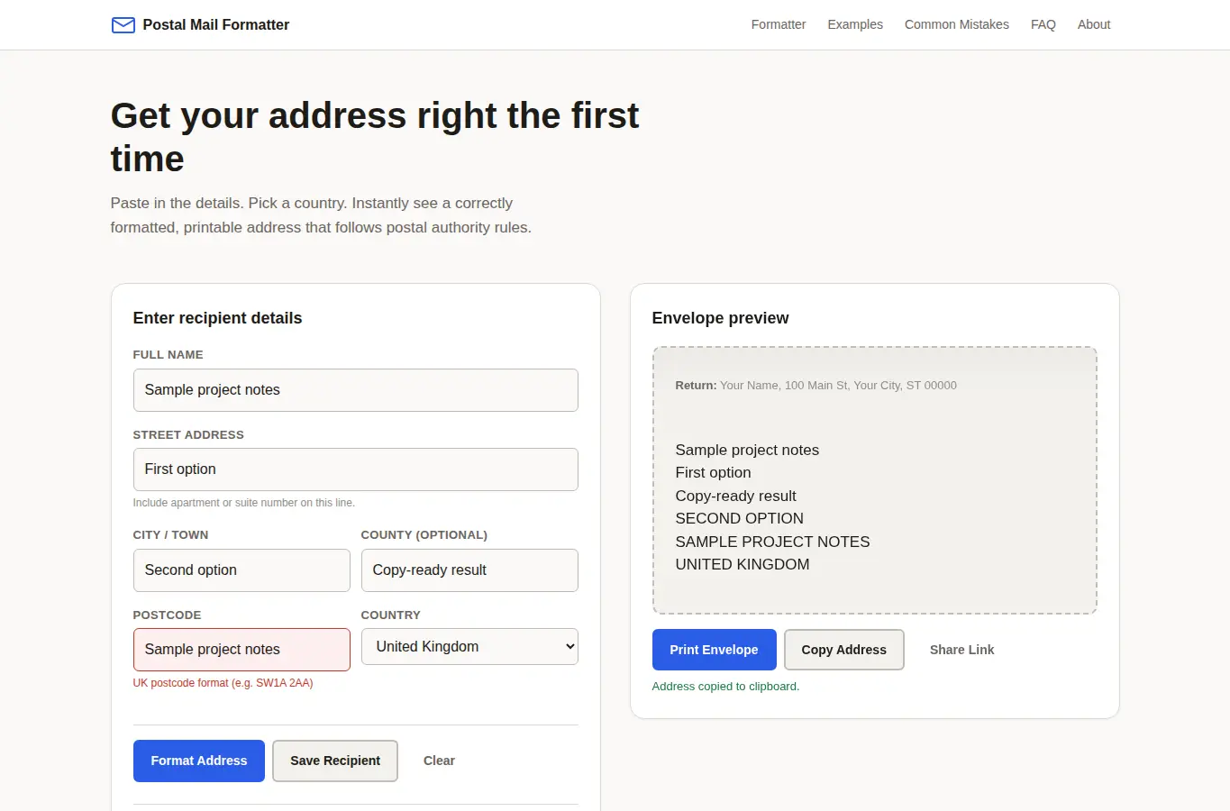 Screenshot of Postal Mail Formatter interface showing the project page in use